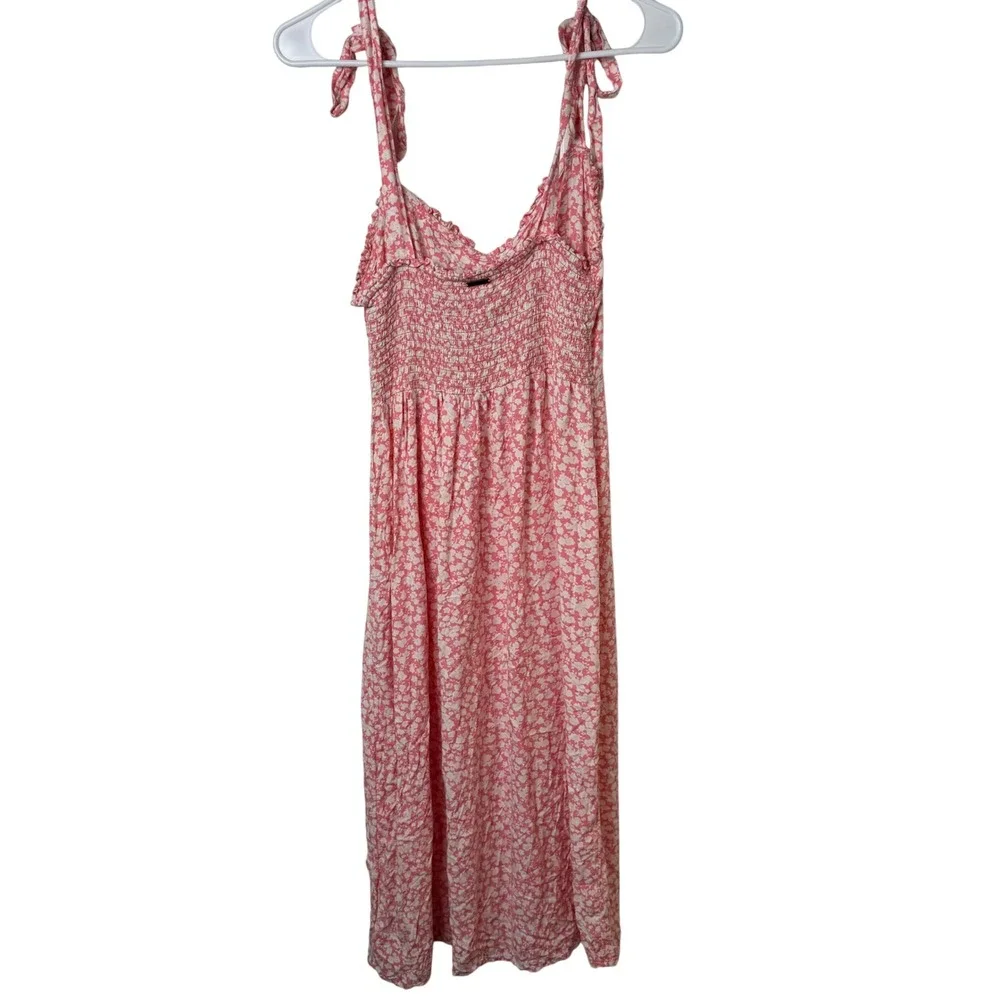 Billabong Midi Dress Womens‎ M Pink Floral Tie Shoulder Smocked Sweetheart Boho